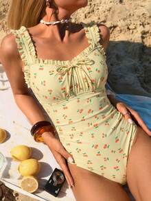 Swim Mod Bộ đồ bơi liền thân màu đen anh đào kiểu retro mới năm 2026 dành cho nữ, dây đeo vai rộng có thể điều chỉnh với bèo nhún dễ thương, phần ngực trang trí nơ, eo xếp ly, phong cách thời trang đi biển cho kỳ nghỉ hè. - Nhiều màu - Xem 2