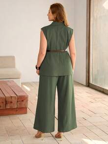 Roveilla Plus Size Dark Green Summer Elegant Formal Work Pant Suits For Women,Sleeveless Jacket Blazer With Metal Buckle & High Waist Loose Straight Leg Pants - Army Green - View 2