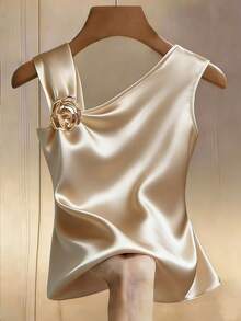 Franclia 女士优雅金属装饰不对称领口吊带背心，夏季必备 - 杏色 - 查看 3