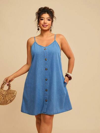 Travachic Plus Size Casual Ärmlös Denimklänning med Knappar Framtill