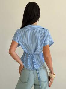 Firerie Women's Blue And White Stripe Pure Cotton Shirt,Off-The-Shoulder Fitted Waist Short-Sleeved Top,Summer Frenchy Holiday Vacation Elegant - Blue - View 5