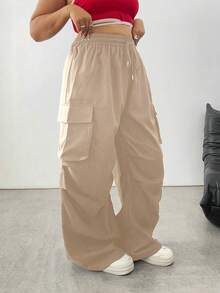SHEIN Tall CURVE 大码女式休闲时尚街头风日常通勤简约百搭抽绳腰宽松阔腿工装裤 - 卡其色 - 查看 4