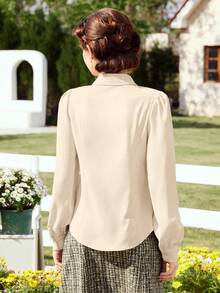 Vintamour Women's Solid Color Front Button Elegant Office Long Sleeve Shirt - Khaki - View 2