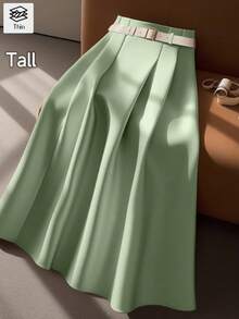 SHEIN Tall 高个女式绿色褶裥前片设计半身裙，度假夏季套装 - 綠色 - 查看 1