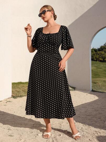 Auvina Vestido maxi de talla grande para mujer con cuello cuadrado, manga corta, cintura y línea A, estilo retro elegante. Vestido cómodo, casual y versátil para vacaciones, viajes y citas. Estampado de lunares francés.