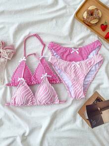 2件套少女比基尼套装，夏季海滩度假格子蝴蝶结泳衣套装+纯色纹理泳衣套装 - 彩色 - 查看 4