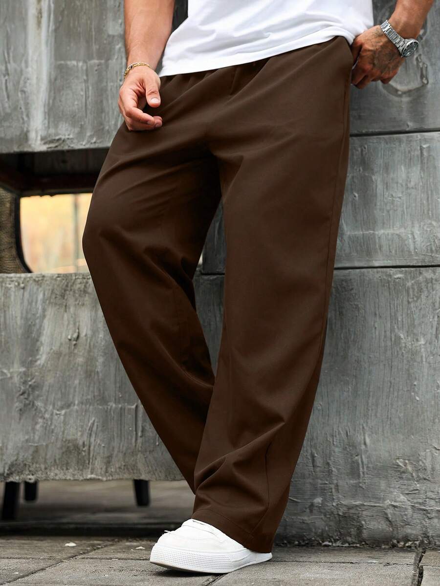 Manfinity Homme Quần dài nam cỡ lớn, màu trơn, kiểu dáng thường ngày, có dây rút ở eo. - Cà phê nâu - Xem 1