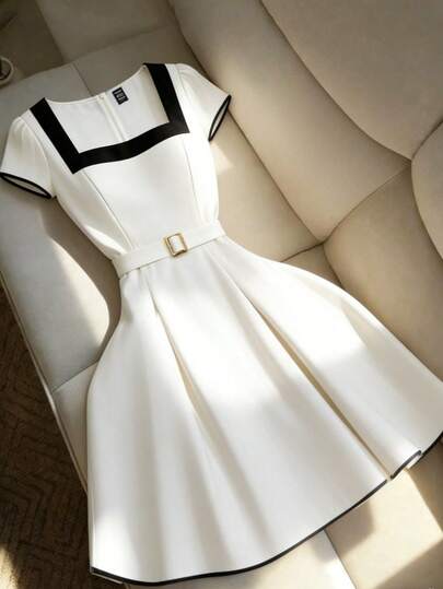 GlowEve CURVE Dámské barevné čtvercové límce, stažený pas, volánové lemování, krátké rukávy, vhodné do práce/dojíždění i na volné nošení