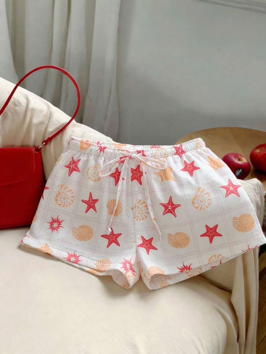 SHEIN EZwear 2026春夏新款贝壳格纹和海洋印花双层雪纺弹力腰宽松休闲短裤，适合海滩度假、休闲外出，Y2K 2000年代风格，春假必备单品 - 彩色 - 查看 1