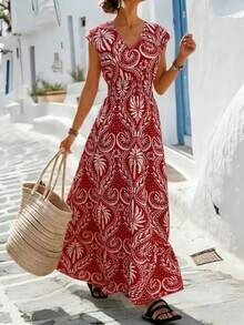 Balvessa Women's V-Neck Waist Cinched A-Line Long Dress, Floral Print On Red Background - Red - View 3