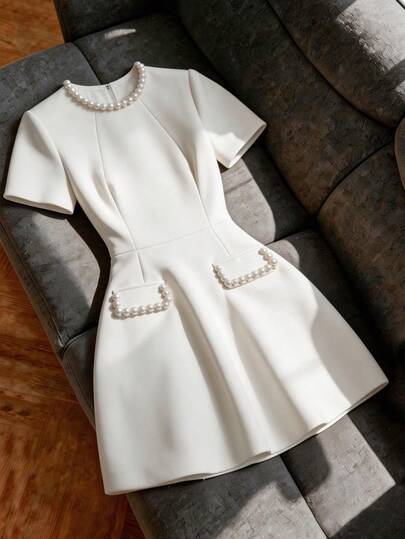 Franclia Women's Solid Color Round Neck Faux Pearl Decor Fashion Date Party Mini Dress White Dress With Pearls White Classy Dress Structured Dress Mod Dress Cream Dress