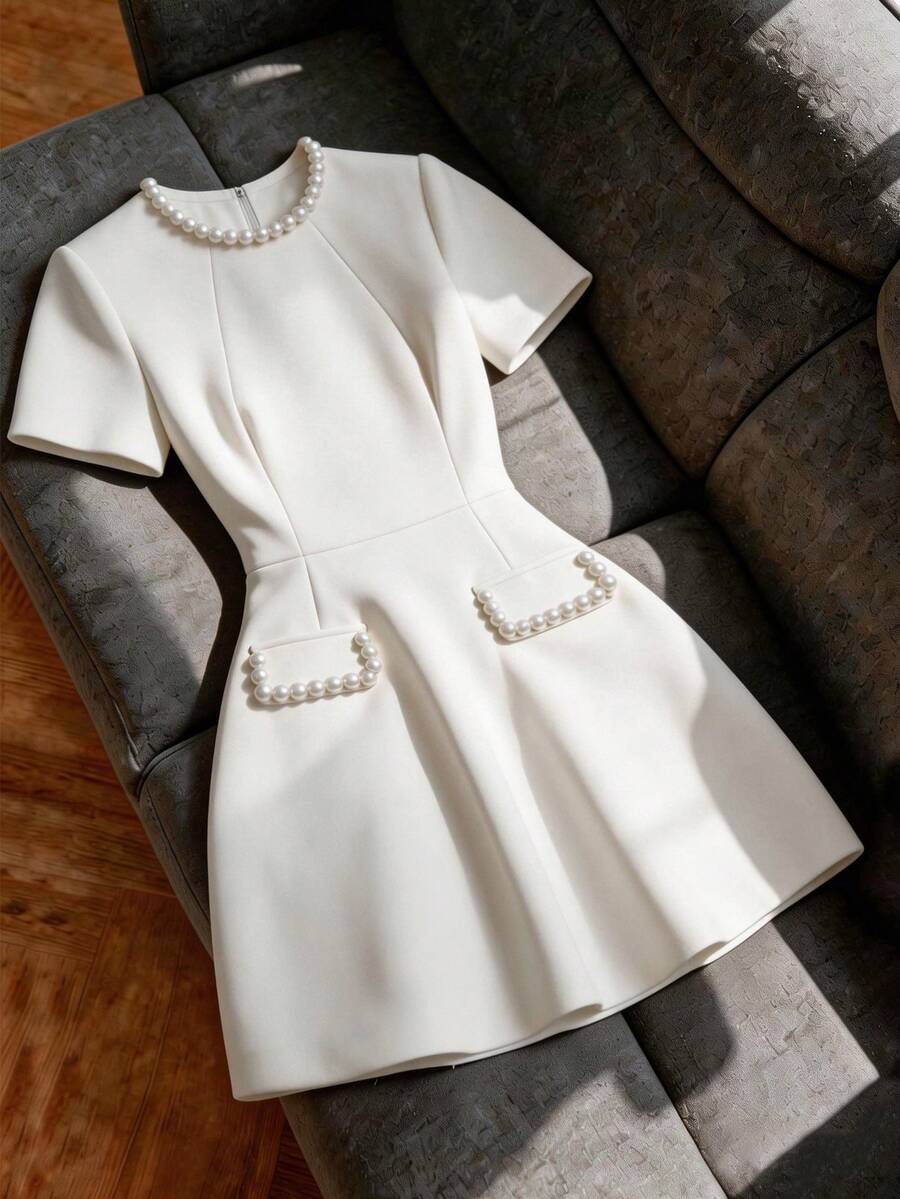 Franclia 女士纯色圆领仿珍珠装饰时尚约会派对迷你连衣裙 - 白色 - 查看 1