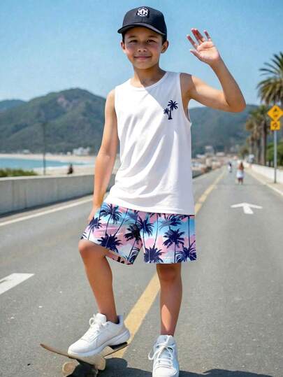 Bộ đồ 2 mảnh dành cho bé trai tuổi teen, phong cách tối giản, đa năng, họa tiết cây dừa nhiệt đới, thích hợp cho kỳ nghỉ hè, đi biển, thể thao, rộng rãi, mềm mại và thoải mái, gồm áo tank top và quần short, phù hợp cho mùa xuân/hè.