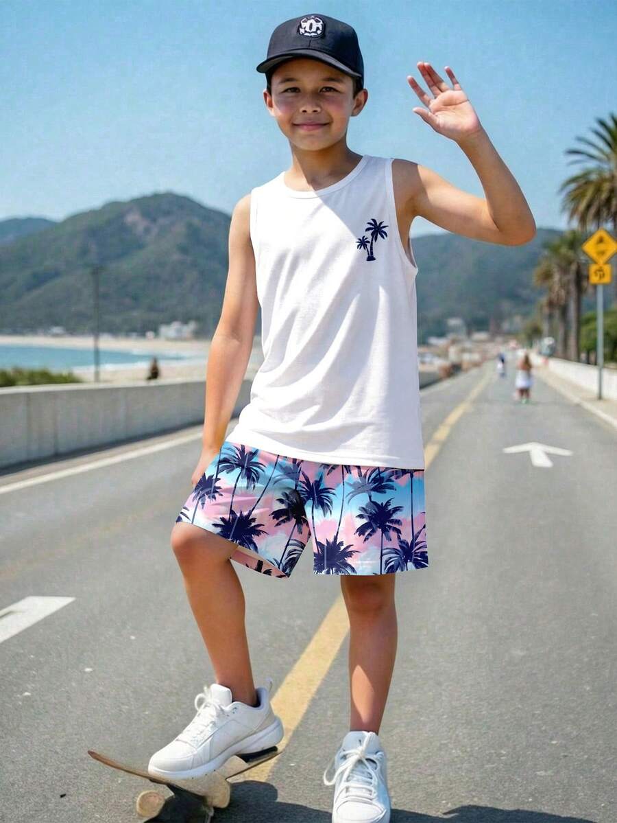 青少年男童休闲简约时尚百搭椰树热带植物度假风沙滩运动宽松柔软舒适两件套背心短裤套装,适合春夏穿着 - 彩色 - 查看 1