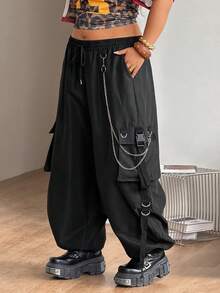 Coolane Pantalones cargo de talla grande con decoración de cadena de bolsillo - Negro - Ver 6