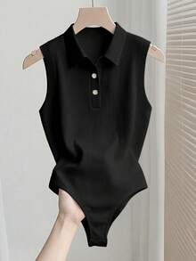 Franclia Áo liền thân dệt kim màu trắng cổ bẻ, khóa kéo nửa thân, đa năng, phù hợp cho mùa xuân/hè, trang phục đi nghỉ mát và đi biển dành cho nữ. - màu đen - Xem 5