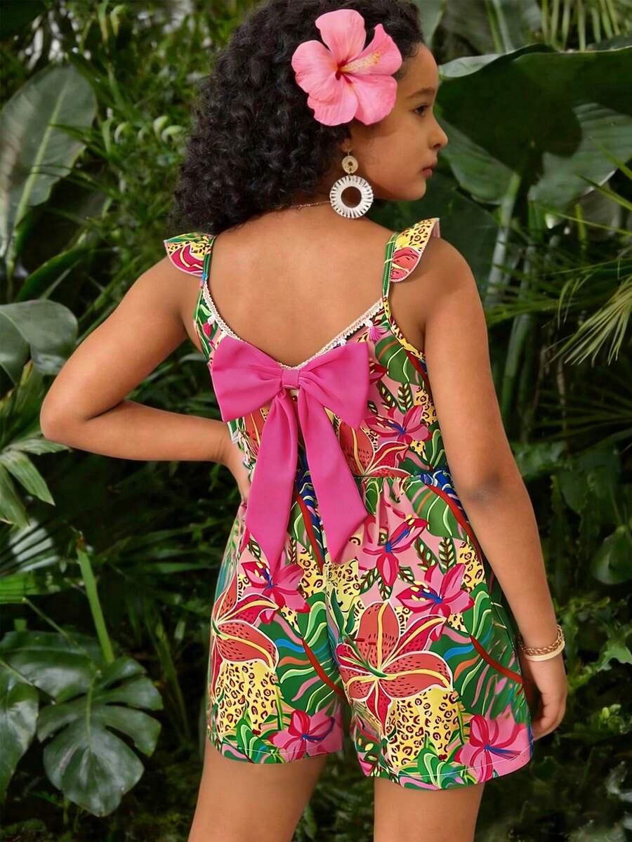 SHEIN Sparklyn Mono de verano casual y lindo para niñas con mangas acampanadas, lazo y flecos - Rosa Fucsia - Ver 1