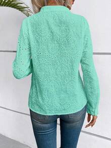 SHEIN 休闲通勤纯色镂空刺绣翻领衬衫 - 薄荷綠 - 查看 2