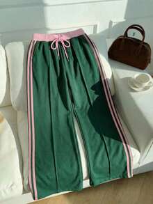 Comfortcana 女士弹力腰带条纹阔腿宽松休闲运动裤，适合返校季、秋季穿着，女士夏季运动撞色条纹裤，慢跑裤，运动套装，比赛日服装 - 墨綠色 - 查看 3