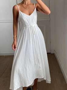 DAZY Women's Casual Solid Color Spaghetti Strap Dress, Summer - White - View 3