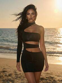 Sirith 女士单肩长袖镂空连衣裙 - 黑色 - 查看 4