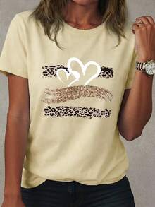 Selamara Áo thun nữ tay ngắn cổ tròn in hình trái tim, chất liệu 100% cotton, kiểu dáng thường ngày, đa năng. - Màu be - Xem 3