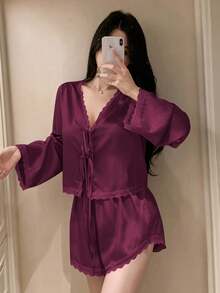 DAZY Romantic Lace Patchwork Satin Bowknot Top And Shorts Pajama Set For Women, Fall Winter Clothes - Red Violet - View 3