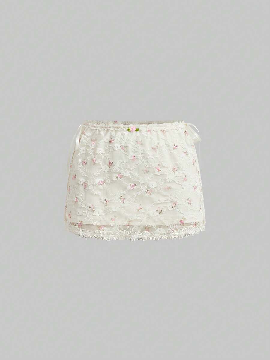 Sweetness 浪漫甜美浅黄色碎花蕾丝迷你裙，女童款 - 淡黃色 - 查看 1