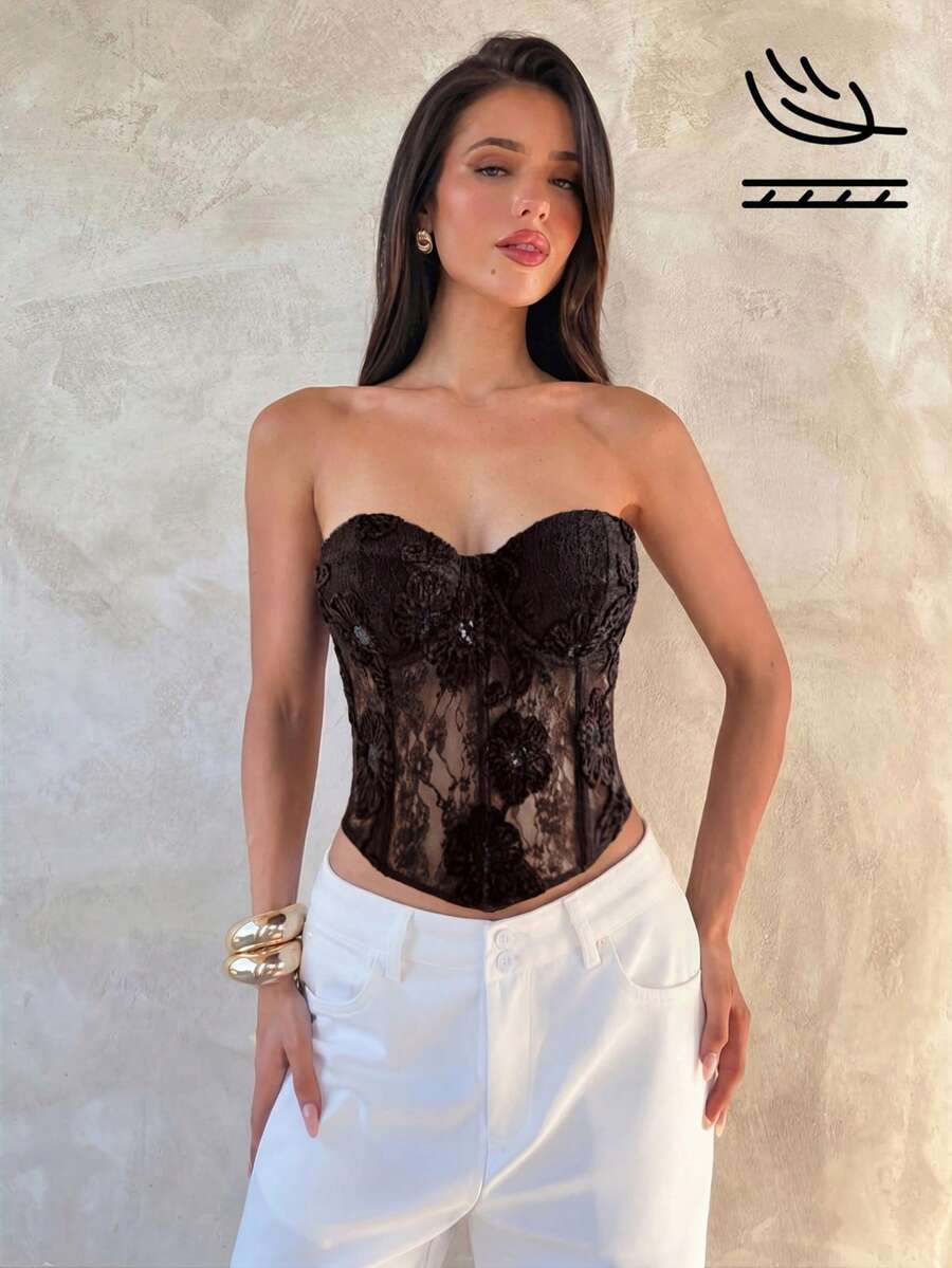 Aloruh Áo ngực màu đen gợi cảm có chi tiết ren dành cho nữ - Màu nâu  Mocha - Xem 1