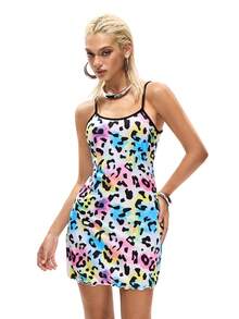 Women Leopard Print Tie Dye Slip Dress - Multicolor - View 3