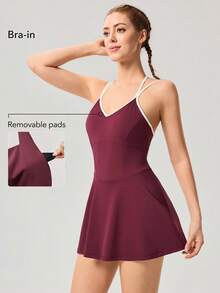 OutZeal 女士运动连衣裙 网球健身 四向弹力 丝滑柔软 内置文胸 短裤 - 酒紅色 - 查看 3