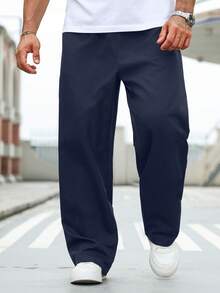 Manfinity Homme Plus Size Men's Casual Solid Color Pants - Navy Blue - View 4