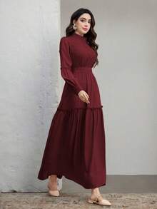Graceveil Women's Solid Color Stand Collar Raglan Sleeve Ruffle Hem Elegant Dress - Burgundy - View 7