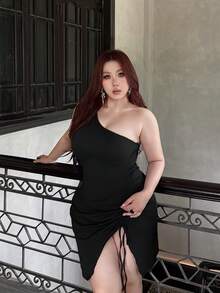 Vibekara Đầm hè ôm sát gợi cảm màu đen dành cho nữ cỡ lớn, kiểu dáng bất đối xứng vai, phối lưới, xếp ly, xẻ tà, phong cách châu Âu và Mỹ. Đầm thường ngày thanh lịch, đa năng, dành cho nữ cỡ lớn. - màu đen - Xem 3