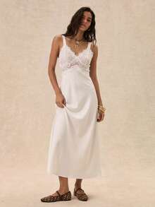 Easelle Vestido largo de satén blanco con encaje para mujeres - Blanco - Ver 2