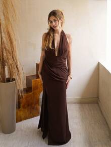 女式深 V 领露背连衣裙，配垂坠腰带，A 字型飘逸雪纺婚礼派对度假夏装 - 棕色 - 查看 6
