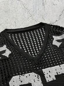 EVRINFINITE 男士V领短袖镂空休闲针织上衣 - 黑色 - 查看 3