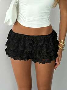 Aloruh Women's Solid Color Black Cake Skirt, Lace Mini Skirt - Black - View 6