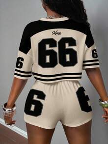 Slaydiva 女士夏季休闲撞色数字印花T恤和短裤两件套 - 彩色 - 查看 2