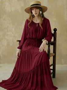 Arave Conjunto de blusa de manga farol calada y falda evasé con volantes para mujer, diseño de cintura ceñida, adecuado para el uso diario - Burdeos - Ver 5