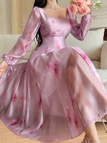 DAZY 女士方领收腰长袖连衣裙，通体印花 - 彩色 - 查看 4