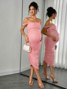 SHEIN Đầm bầu thanh lịch, đầm dạ hội sang trọng cho đám cưới, đầm đính ngọc trai giả, đầm bầu màu mơ - Màu Hồng baby - Xem 5