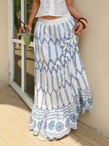 Serisse Women's Summer Vacation Floral Print Ruffle Hem Skirt - Blue and White - View 1