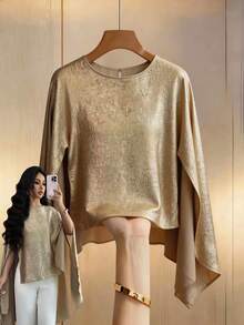 Elenzga Khăn choàng Poncho mỏng nhẹ ánh kim mới cho mùa Xuân/Hè, trang phục thường ngày thanh lịch đa năng, phù hợp cho du lịch và chụp ảnh, kiểu áo cổ tròn. - Vàng - Xem 1