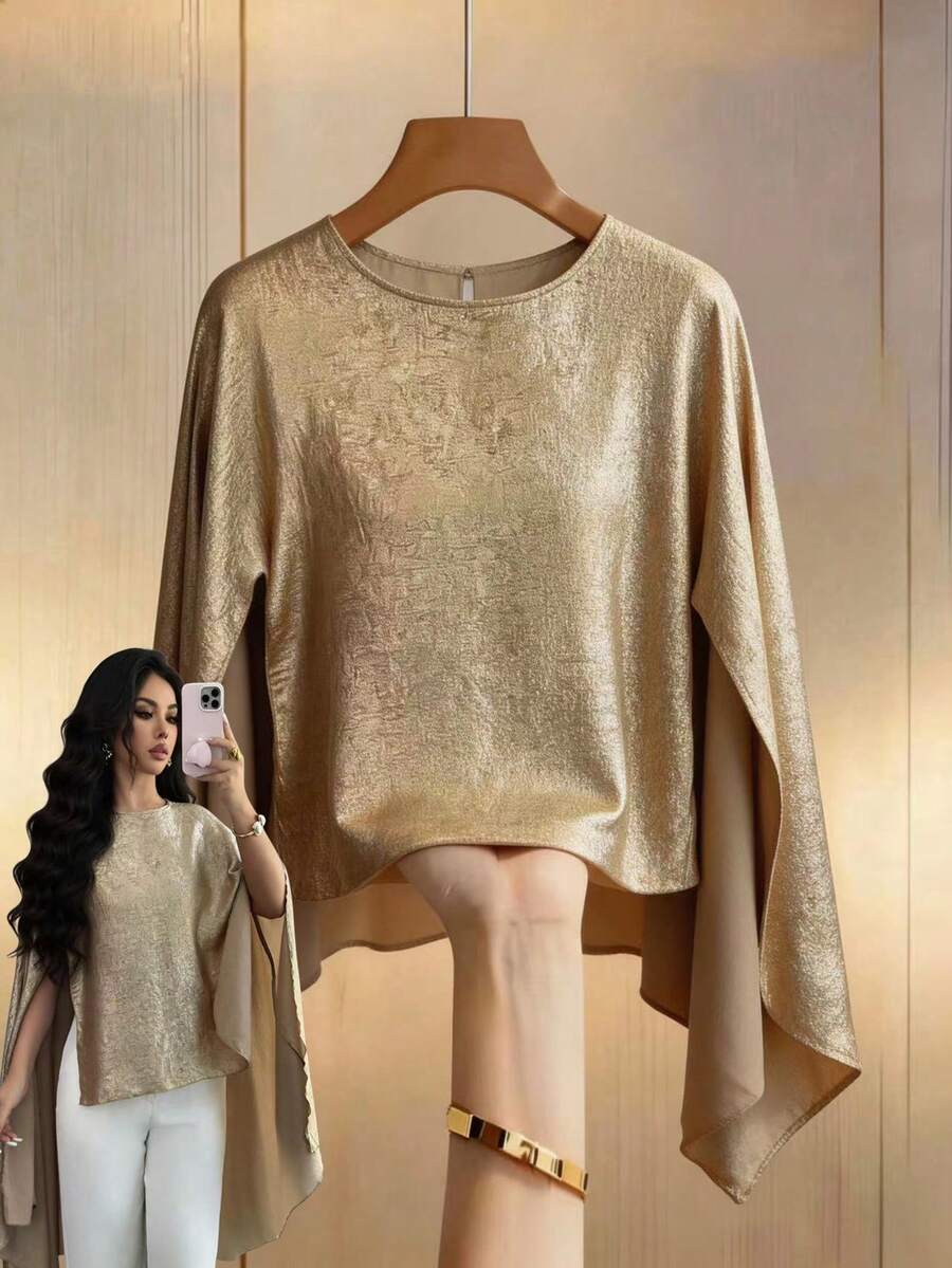 Elenzga Khăn choàng Poncho mỏng nhẹ ánh kim mới cho mùa Xuân/Hè, trang phục thường ngày thanh lịch đa năng, phù hợp cho du lịch và chụp ảnh, kiểu áo cổ tròn. - Vàng - Xem 1