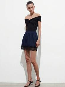 Aveloria Modichic Women Satin Textured Navy Blue A-Line Skirt,Autumn Elegant Date Night Eyelash Lace Patchwork Hem Retro Wedding Guest Dress For Women - Navy Blue - View 7