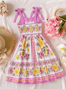 Tween Girls Dress,White Floral,Summer,Boho,Vacation,Holiday Elegant Pink Rose Floral Print Spaghetti Strap Ruffle Hem Bow Shoulder A-Line Dress - Mauve Purple - View 2