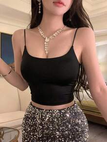 FRIFUL 女款純色休閒百搭約會之夜細肩帶背心上衣 夏季 - 黑色 - 查看 3