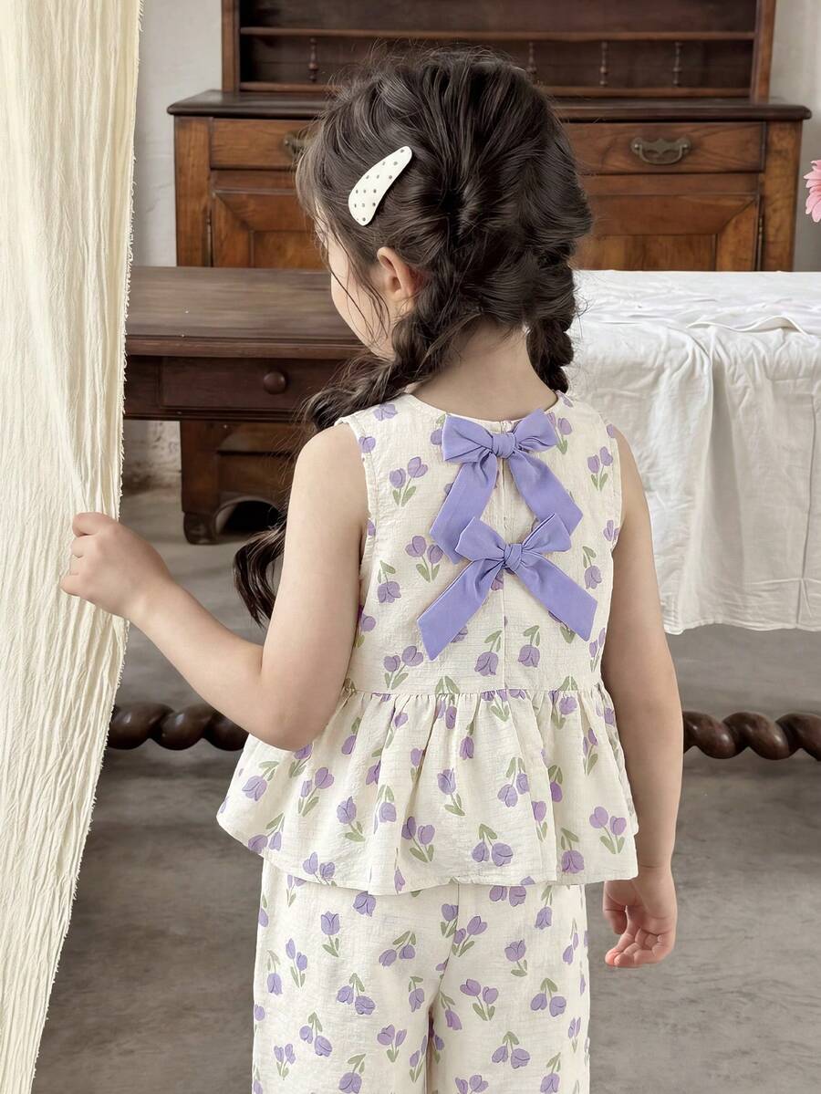 SHEIN LMoss Kids 女童夏季可爱碎花蝴蝶结装饰背心和裤子套装 - 彩色 - 查看 1