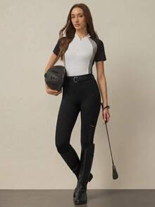 With My Calm Equestrian Sports Pants With Mesh Panels, Single Side Pocket, Fashion Reflective Stripe, Skinny Fit - Black - View 3